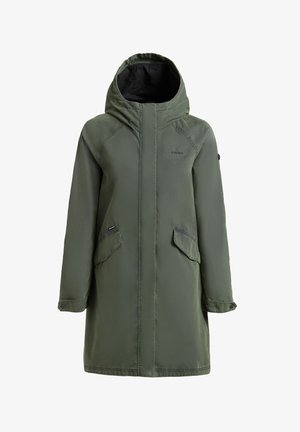 Pikk, oliivirohelise kapuutsi ja esikülje flappe taskutega ning nööpidega mansettidega mantel, mis on mõeldud külmade ilmade ja välitingimuste jaoks.