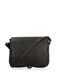 Borsa a tracolla in pelle nera con finitura texturizzata, tracolla regolabile, chiusura a busta e patch con logo sul davanti. Forma rettangolare compatta.