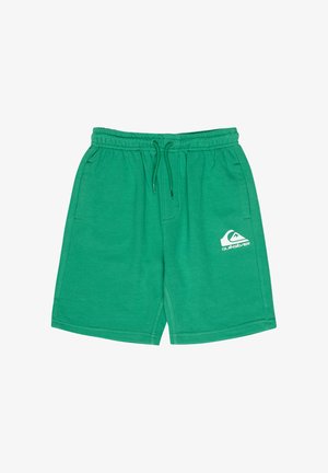 Türkisfarbenes Baumwoll-T-Shirt mit einem grafischen Aufdruck eines Schädels mit Sonnenbrille; kombiniert mit türkisfarbenen Shorts. Schwarze Schuhe und weiße Socken vervollständigen den Look.