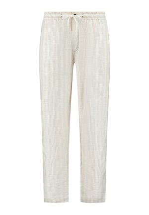 Svijetlosmeđi hlače s suptilnim vertikalnim prugastim uzorkom, elastičnim strukom i vezicom. Izrađene su od mekanog, laganog materijala.