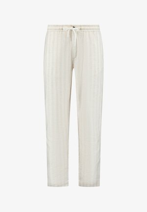 Pantalones de un beige claro con un sutil patrón de rayas verticales, cinturilla elástica y cordón. Fabricados con una tela suave y ligera.