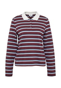 Bordeaux lange mouwen polo met witte, lichtblauwe en zwarte horizontale strepen en een witte kraag met drie knopen.