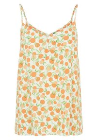 Vit ärmlös klänning med mönster av apelsiner och persikor. Har en V-ringning och knappdetaljer längs mitten. Lätt tyg, avslappnad passform.