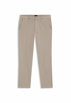 Beige Baumwoll-Chinos mit geradem Schnitt, ausgestattet mit zwei Seitentaschen und einer einzelnen Gesäßtasche, sowie einem Button- und Reißverschluss.