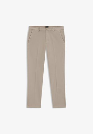 Chino in cotone beige con taglio dritto, dotato di due tasche laterali e una tasca posteriore, completato da chiusura con bottone e zip.