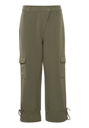Pantalons cargo khaki avec une coupe décontractée, dotés de poches latérales, de poignets à cordon de serrage et d'un tissu lisse et léger.