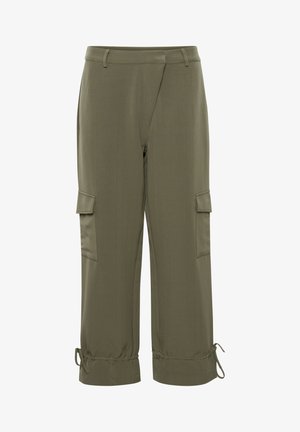 Khaki Cargo-Hosen mit lockerer Passform, seitlichen Taschen, Kordelzugbündchen und einem glatten, leichtgewichtigen Stoff.