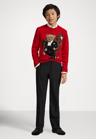 Chlapec v červenom svetri s motívom medvedíka a koňa, čiernych nohaviciach, bielej košeli a čiernych topánkach stojí pred jednoliatym pozadím.
