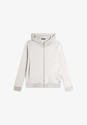 Felpa grigia chiara con zip, dalla texture morbida, cappuccio e tasche laterali. Presenta una finitura liscia e polsini e orlo a coste.