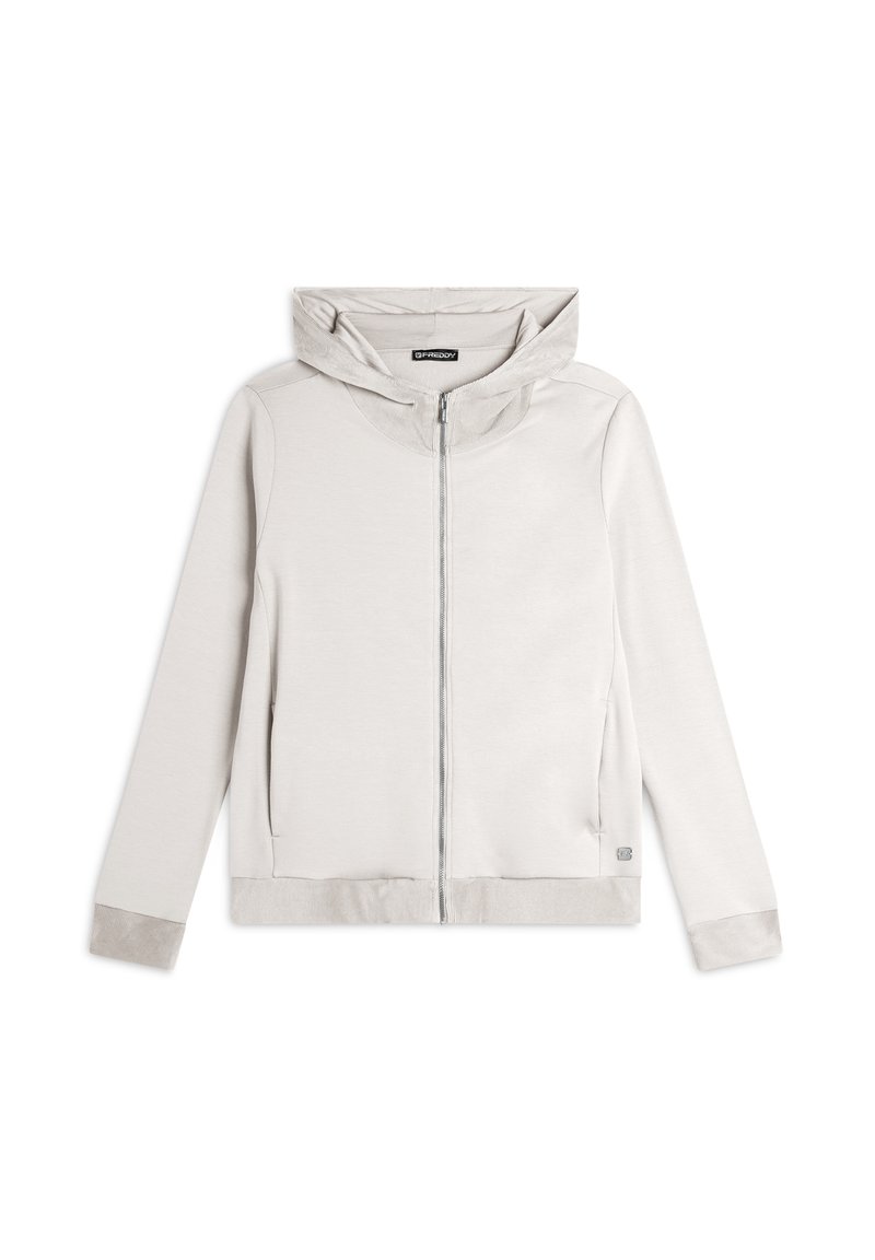 Haut de survêtement zippé gris clair avec une texture douce, capuche et poches latérales. Doté d'une finition lisse et de poignets et d'un ourlet côtelés.