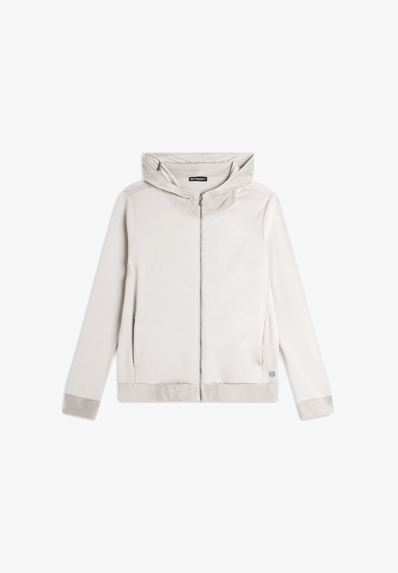 Haut de survêtement zippé gris clair avec une texture douce, capuche et poches latérales. Doté d'une finition lisse et de poignets et d'un ourlet côtelés.