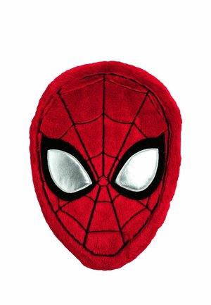 Red Spider-Man face mask with black web lines and large silver and black eye shapes on a white background.
