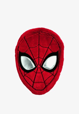 Red Spider-Man face mask with black web lines and large silver and black eye shapes on a white background.