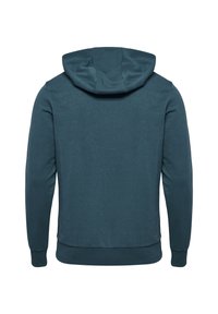 Felpa con cappuccio in un colore teal attenuato, realizzata in tessuto morbido, con una vestibilità comoda e polsini e orlo a costine. Design del retro senza cuciture.