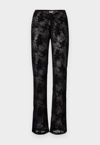 Zwarte, doorschijnende broek met een bloemmotief en een ontspannen pasvorm, met een elastische tailleband en trekkoord, die lichtjes uitloopt bij de enkels.