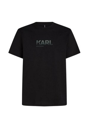 Fekete rövid ujjú póló a mellkas közepén sötétszürke "KARL BEACHWEAR" felirattal.
