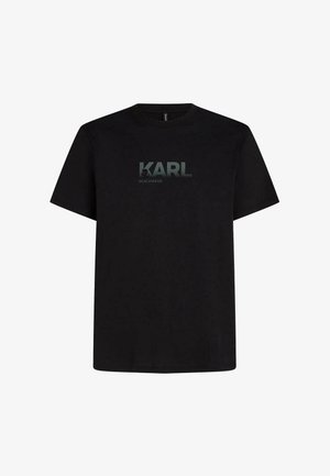 Fekete rövid ujjú póló a mellkas közepén sötétszürke "KARL BEACHWEAR" felirattal.