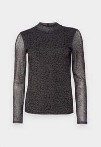 Top a maniche lunghe realizzato in tessuto nero trasparente con un sottile motivo a stampa leopardata. Presenta un colletto alto e una silhouette sagomata.