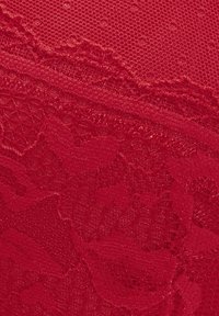 Red lace fabric featuring a mix of textured patterns with a hexagonal weave, smooth areas, and scalloped edges, displaying intricate detailing.