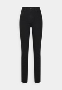 Black denim jeans with a fitted cut, five-pocket design, and a button closure at the waist. Smooth texture and clean edges.