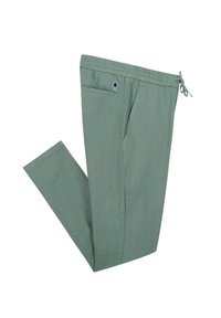 Light green pants in a soft, textured fabric. Elastic waistband with drawstring detail, side pocket, and a small embroidered accent.