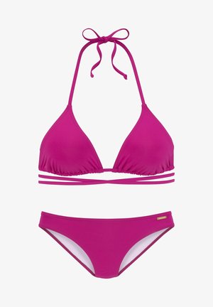 Pink bikini set featuring a triangle top with adjustable ties and multiple straps, and matching low-rise bottoms. Smooth, stretchy fabric.