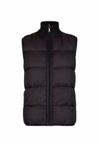 Svart kviltad ärmlös pufferväst med ribbad hög krage och framdragkedja, designad för värme och lager-på-lager.