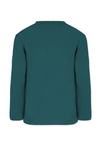 Langærmet skjorte lavet af blødt, strækbart stof i en dyb teal farve. Rund halsudskæring og enkelt design uden mønstre eller accenter.