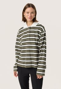 Green and white striped long-sleeve polo shirt with a classic collar and button placket. Soft fabric with a relaxed fit.
