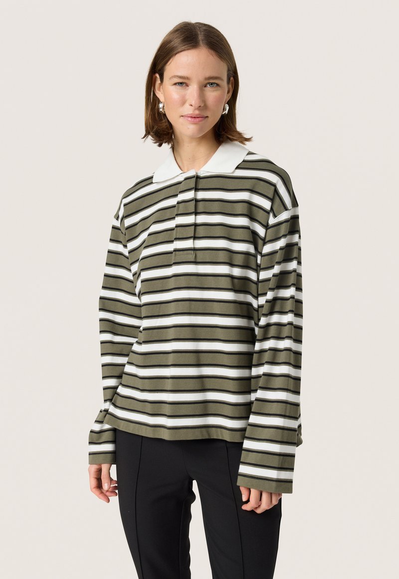 Green and white striped long-sleeve polo shirt with a classic collar and button placket. Soft fabric with a relaxed fit.