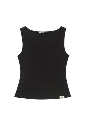 Black tank top made of soft fabric. It features a scoop neckline, fitted shape, and a small logo tag at the bottom left corner.