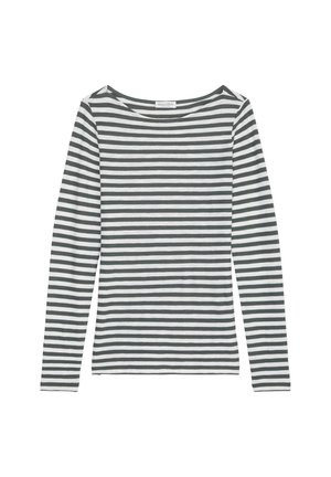 Long-sleeve shirt made of soft fabric featuring alternating gray and white horizontal stripes. Round neckline, simple design, no embellishments.