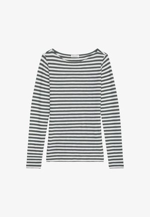 Long-sleeve shirt made of soft fabric featuring alternating gray and white horizontal stripes. Round neckline, simple design, no embellishments.