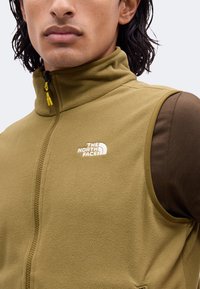 Νέος που φοράει ένα αμάνικο fleece γιλέκο North Face σε ελιά πράσινο πάνω από ένα καφέ μακρυμάνικο πουκάμισο, με γιακά με φερμουάρ ψηλά κλειστό.