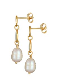 Orecchini in oro con perle di acqua dolce bianche di forma irregolare, caratterizzati da una texture liscia e un design minimalista.