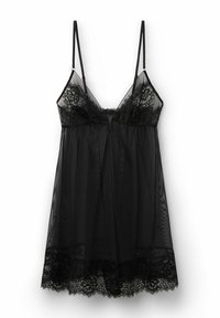 Vestido de tirantes de encaje negro con straps ajustables, que presenta una tela de malla transparente y un borde de encaje floral a lo largo del dobladillo. Silueta fluida.