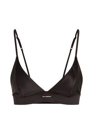 Black bralette with a smooth satin finish, V-shaped neckline, adjustable straps, and a logo label at the center.