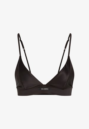 Črn bralet z gladkim satinastim finišem, V-oblikovanim izrezom, nastavljivimi naramnicami in oznako na sredini.