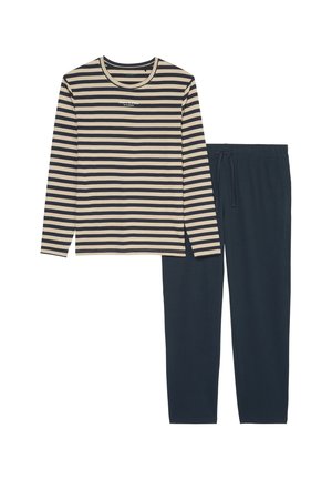 Gestreiftes Schlafanzug-Set mit einem Langarmoberteil in Beige und Marineblau sowie einer dunkelblauen Hose mit elastischem Bund. Weicher, stoffähnlicher Baumwollstoff.