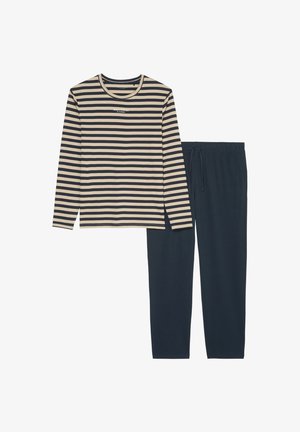 Gestreept pyjama-set met een longsleeve top met beige en marineblauwe strepen en donker marineblauwe elastische taillebroek. Zacht, katoenachtig materiaal.