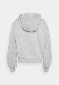 Sweat à capuche gris clair à manches longues avec poignets côtelés, présenté de dos sur un fond blanc.