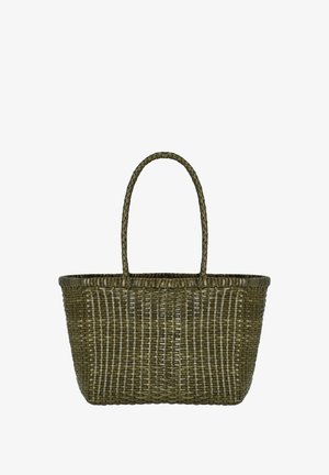 Borsa a cesta intrecciata verde oliva con forma rettangolare arrotondata e un unico manico alto intrecciato.