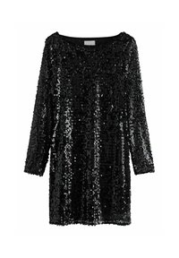 Robe noire pailletée avec des manches trois-quarts, présentant une coupe ample et un décolleté arrondi, entièrement recouverte de sequins ronds scintillants.