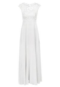 Dlouhé bílé šaty s přiléhavým krajkovým živůtkem a krátkými rukávy. Splývavá sukně s vertikálními sklady pro lepší pád látky. Hladká textura látky.