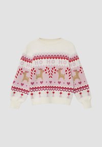 Sweter dzianinowy w kolorze kremowym, z różowymi i czerwonymi wzorami, w tym reniferami, laskami cukrowymi i sercami, z prążkowanymi mankietami i dołem.