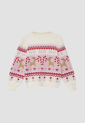 Pull en tricot crème, avec des motifs roses et rouges, comprenant des rennes, des cannes en sucre et des cœurs, avec des poignets et un ourlet côtelés.