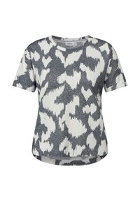 T-shirt à manches courtes en gris et blanc avec un motif abstrait texturé. Ourlet légèrement courbé et col rond. Fabriqué en tissu doux.