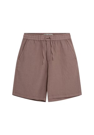 Helle braune Shorts aus Leinen mit elastischem Bund, Kordelzug und zwei Seitentaschen für Funktionalität.