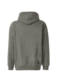 Grauer Hoodie aus weichem Stoff, mit Kordelzugkapuze, gerippten Bündchen und Saum, sowie einem kleinen Logodetail nahe dem Saum.
