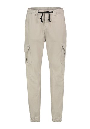 Light gray cargo pants with an elastic waistband, drawstring, side pockets, and gathered cuffs. Made from sturdy fabric with a smooth texture.